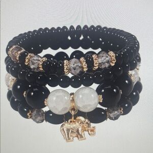 Elegant Black and Gold Beaded Bracelet Set with Elephant Charm